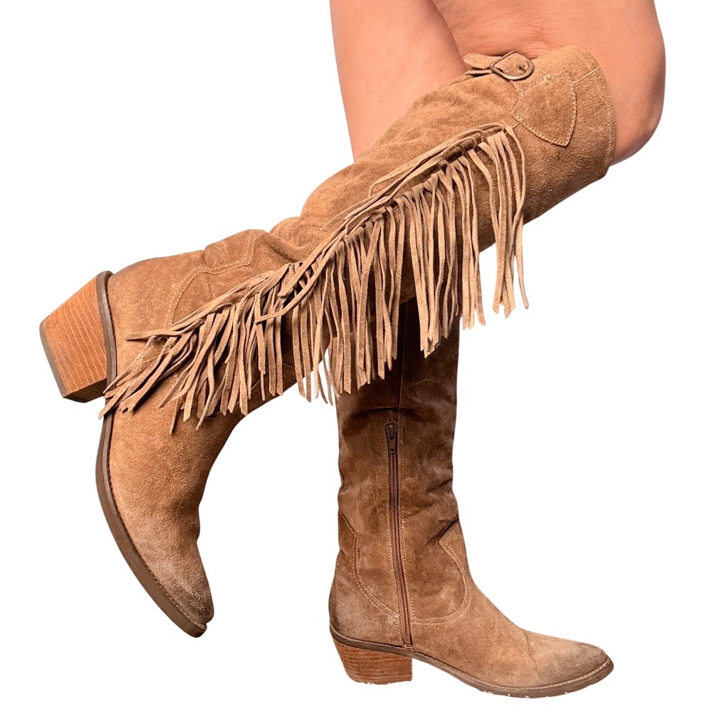 Suede Boots Women 9 Brown Fringe Western Tall Pointed Toe Cowgirl Festival